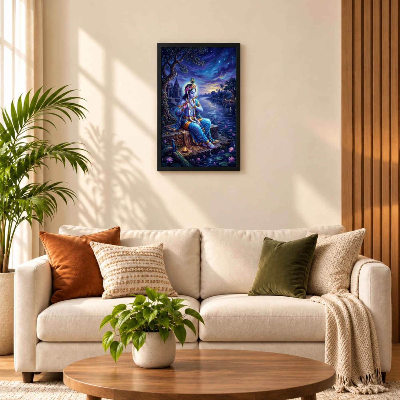 Krishna Yamuna Bank Dusk Flute Ethereal Blue Painting Photo Frame, view 8