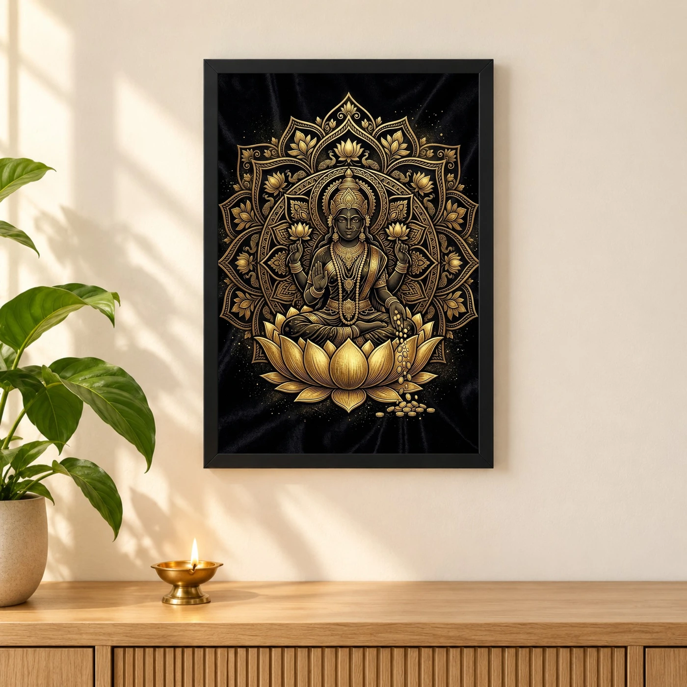 Lakshmi Black Gold Lotus Mandala Luxury Premium Wall Art Photo Frame, view 3