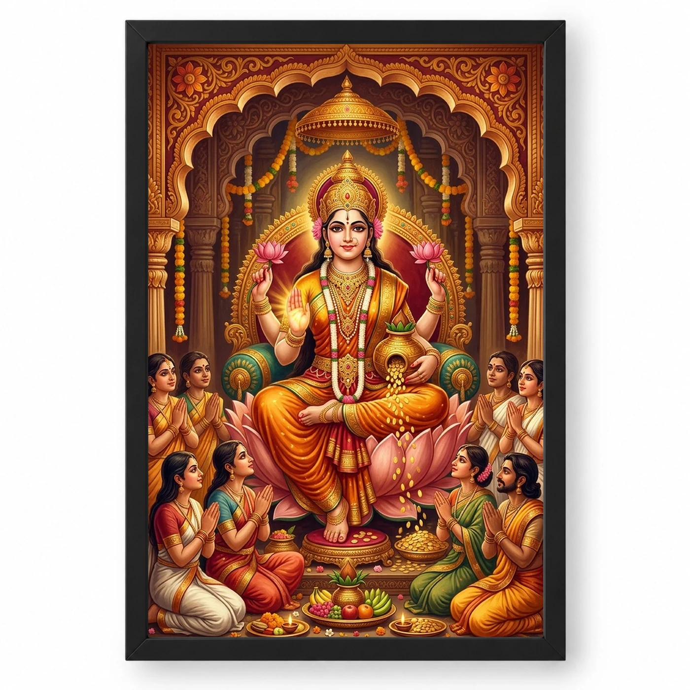 Lakshmi Blessing Devotees Temple Saffron Gold Art Photo Frame