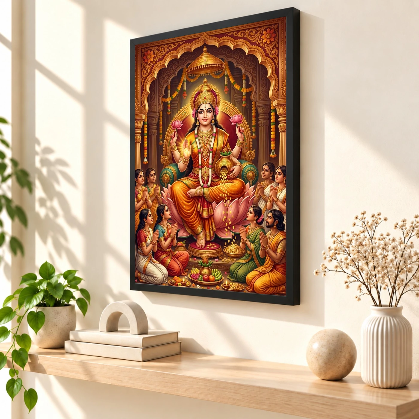 Lakshmi Blessing Devotees Temple Saffron Gold Art Photo Frame, view 2