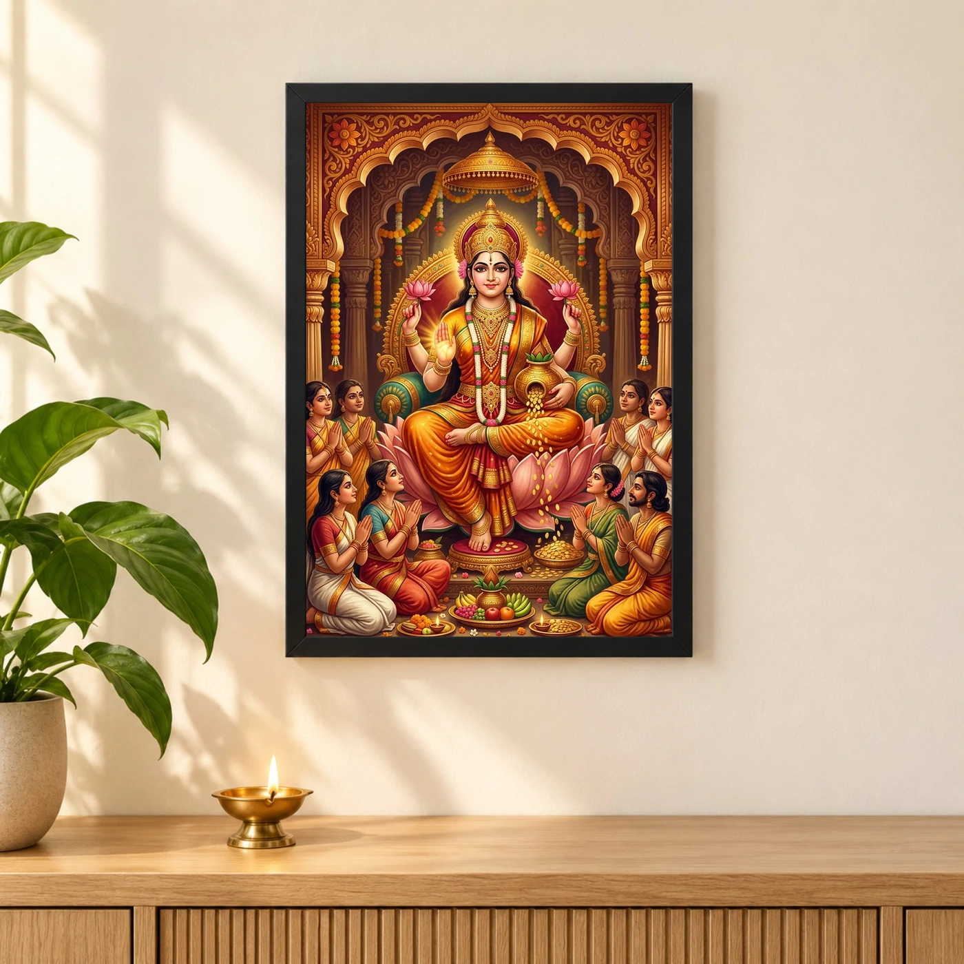 Lakshmi Blessing Devotees Temple Saffron Gold Art Photo Frame, view 3