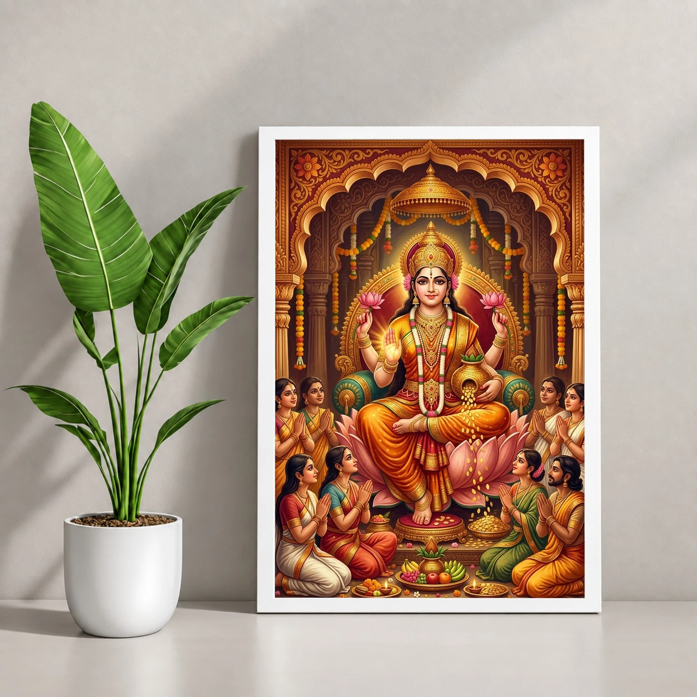 Lakshmi Blessing Devotees Temple Saffron Gold Art Photo Frame, view 4