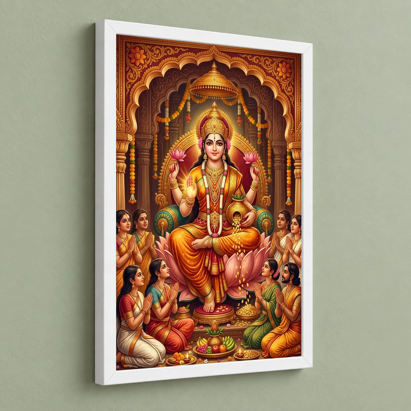 Lakshmi Blessing Devotees Temple Saffron Gold Art Photo Frame, view 5