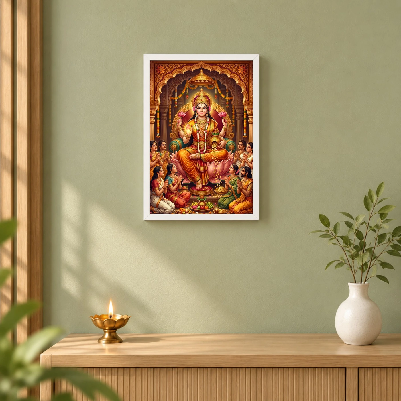 Lakshmi Blessing Devotees Temple Saffron Gold Art Photo Frame, view 6