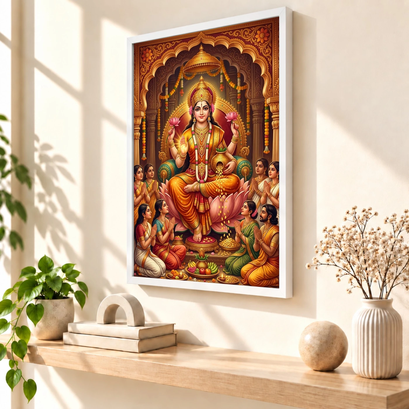 Lakshmi Blessing Devotees Temple Saffron Gold Art Photo Frame, view 7