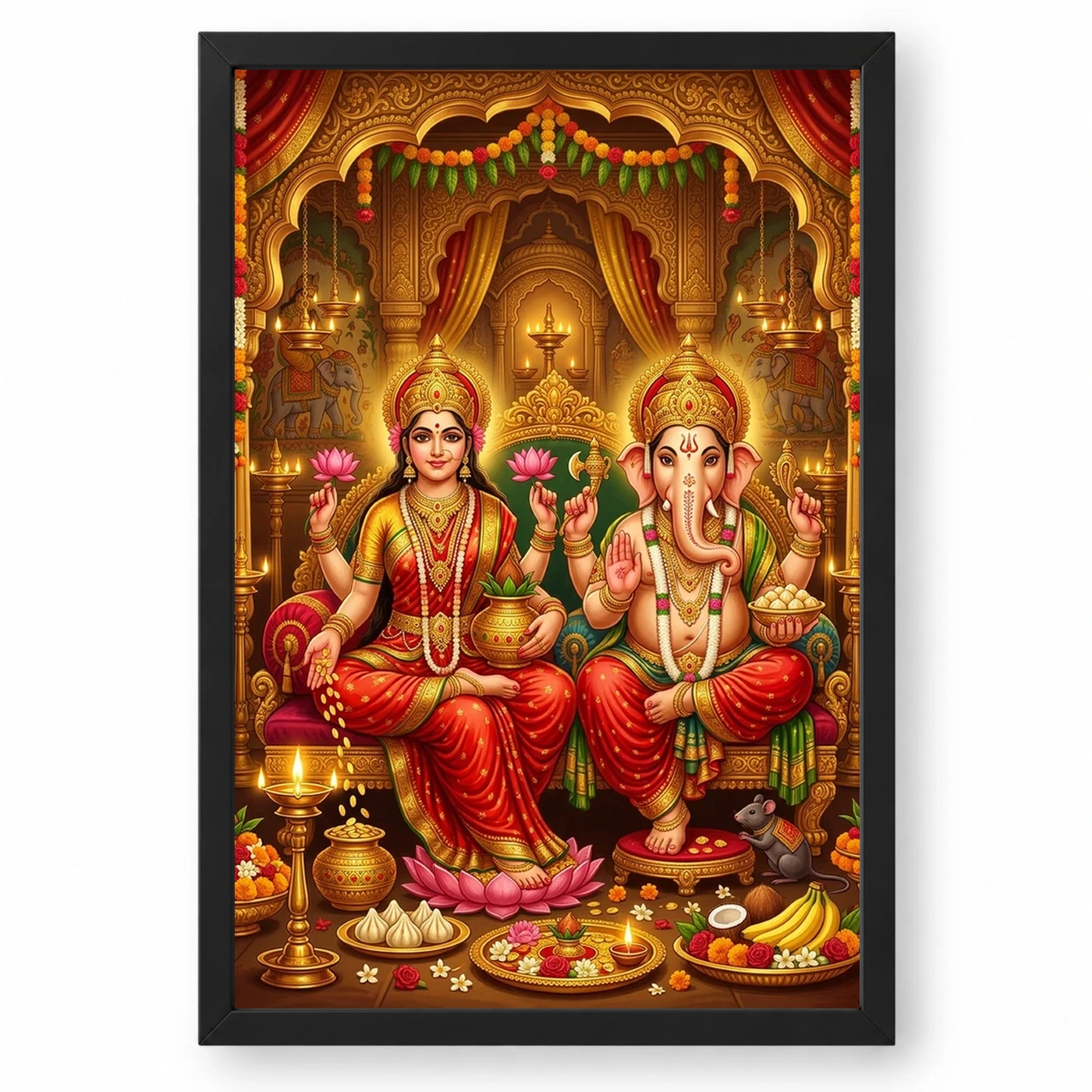 Lakshmi Ganesh Diwali Puja Gold Red Auspicious Festive Art Photo Frame