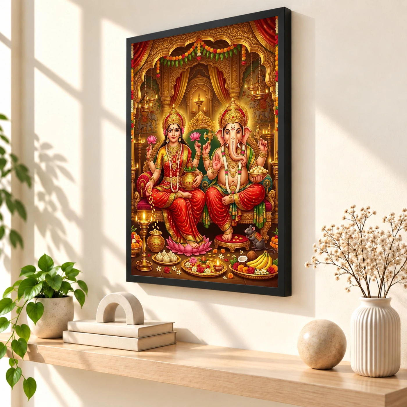 Lakshmi Ganesh Diwali Puja Gold Red Auspicious Festive Art Photo Frame, view 2