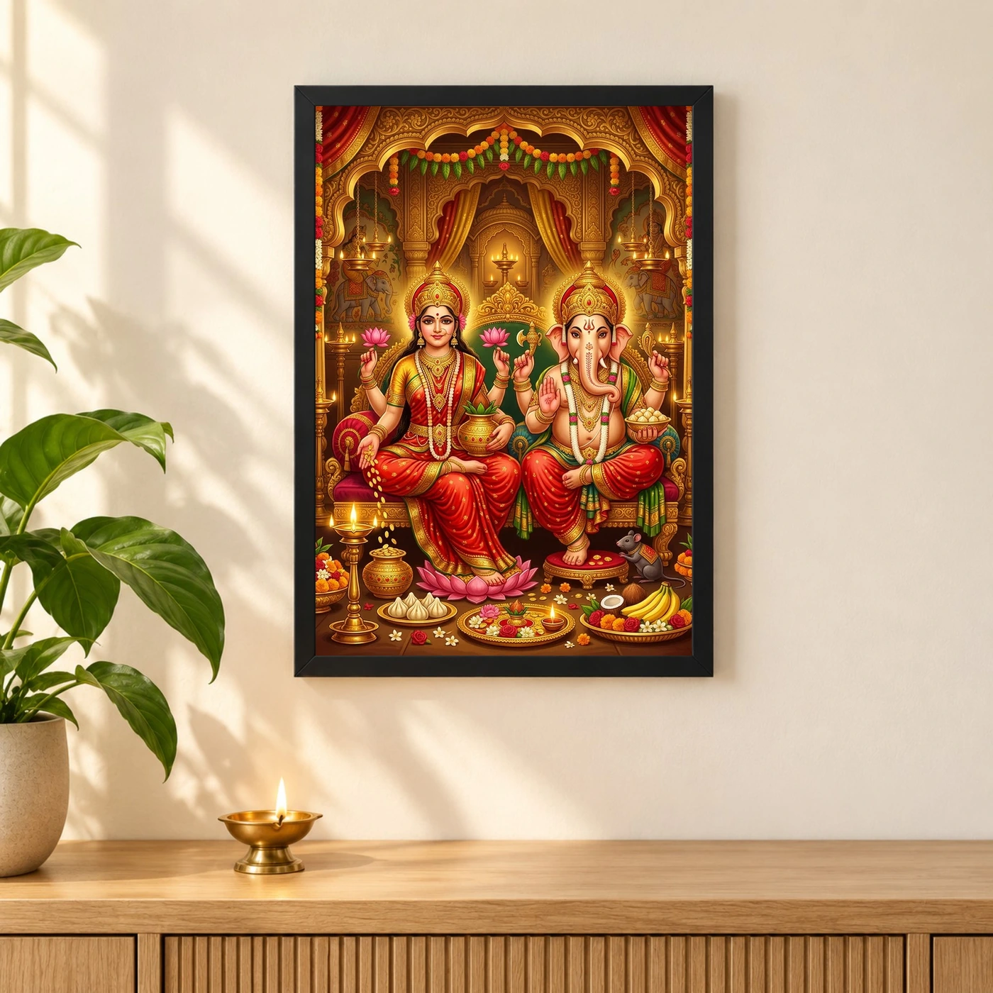 Lakshmi Ganesh Diwali Puja Gold Red Auspicious Festive Art Photo Frame, view 3