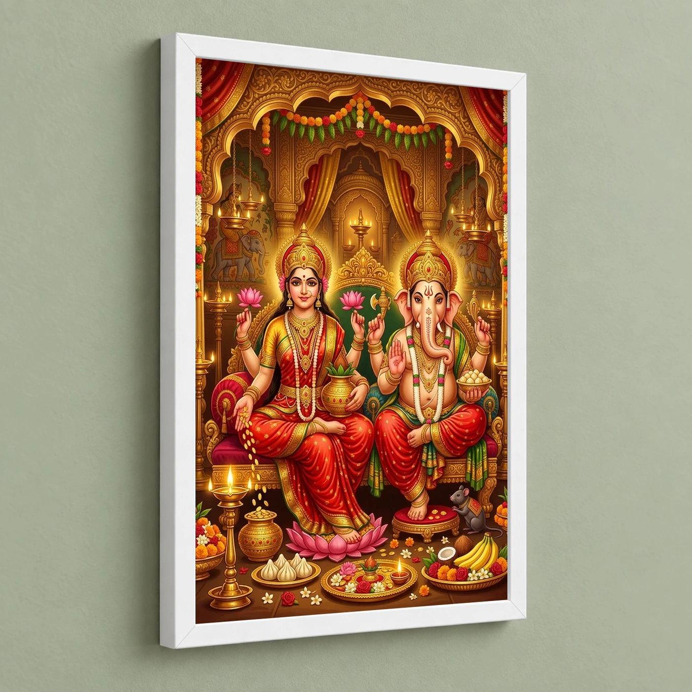 Lakshmi Ganesh Diwali Puja Gold Red Auspicious Festive Art Photo Frame, view 5