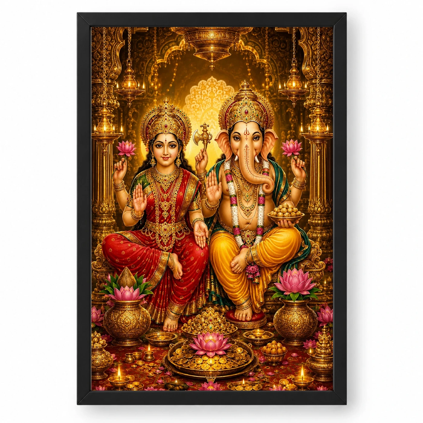 Lakshmi Ganesha Ornate Golden Temple Darshan Photo Frame