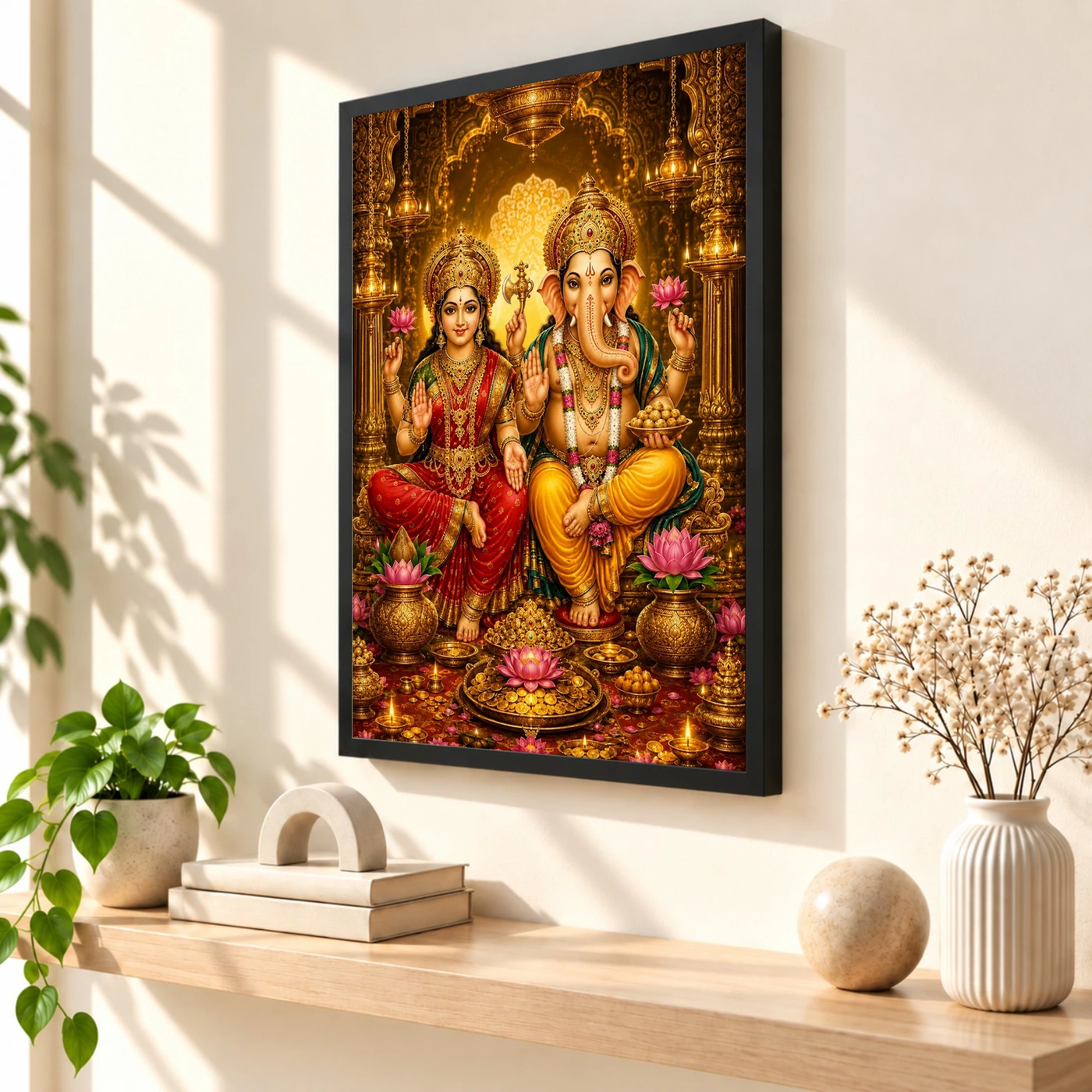 Lakshmi Ganesha Ornate Golden Temple Darshan Photo Frame, view 2