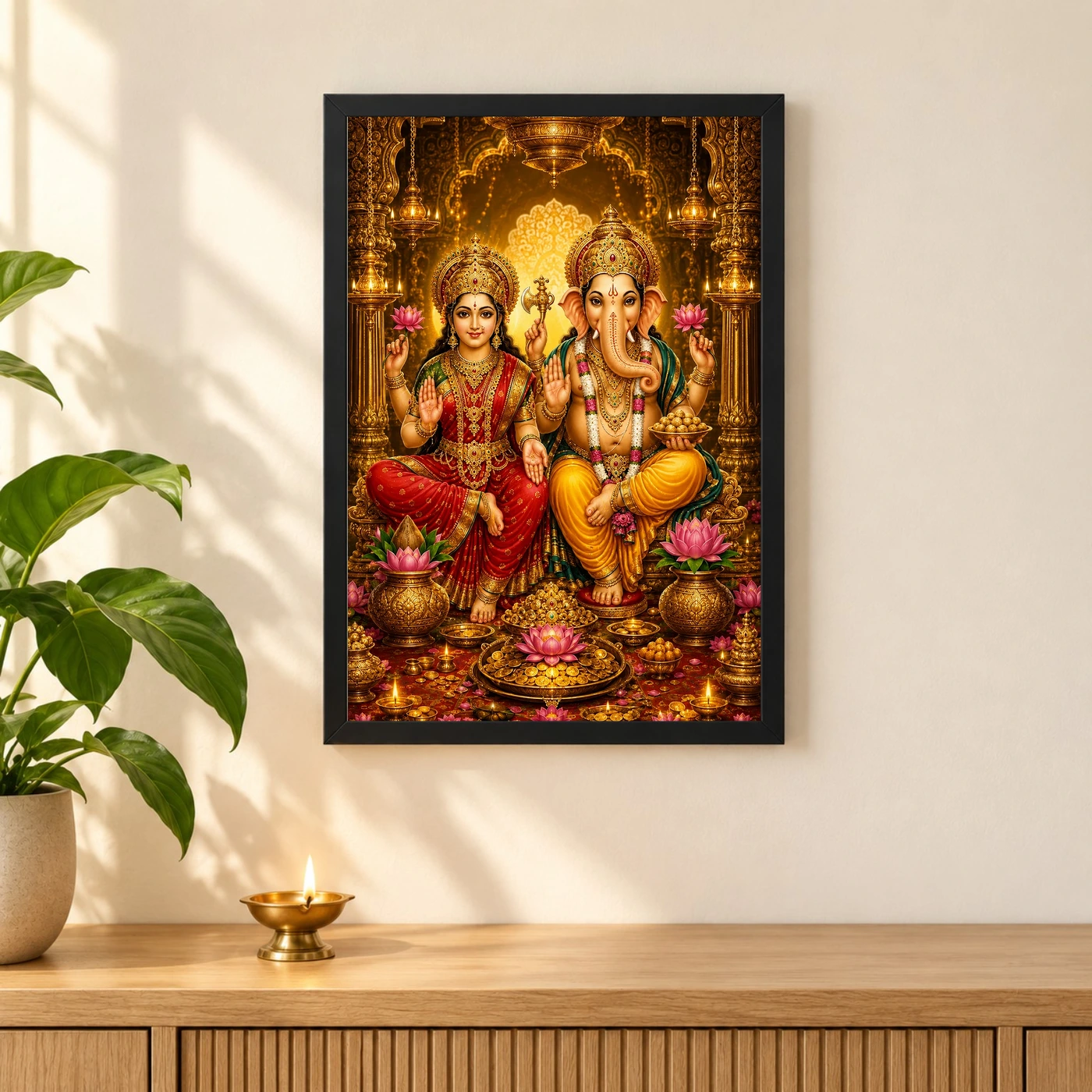 Lakshmi Ganesha Ornate Golden Temple Darshan Photo Frame, view 3