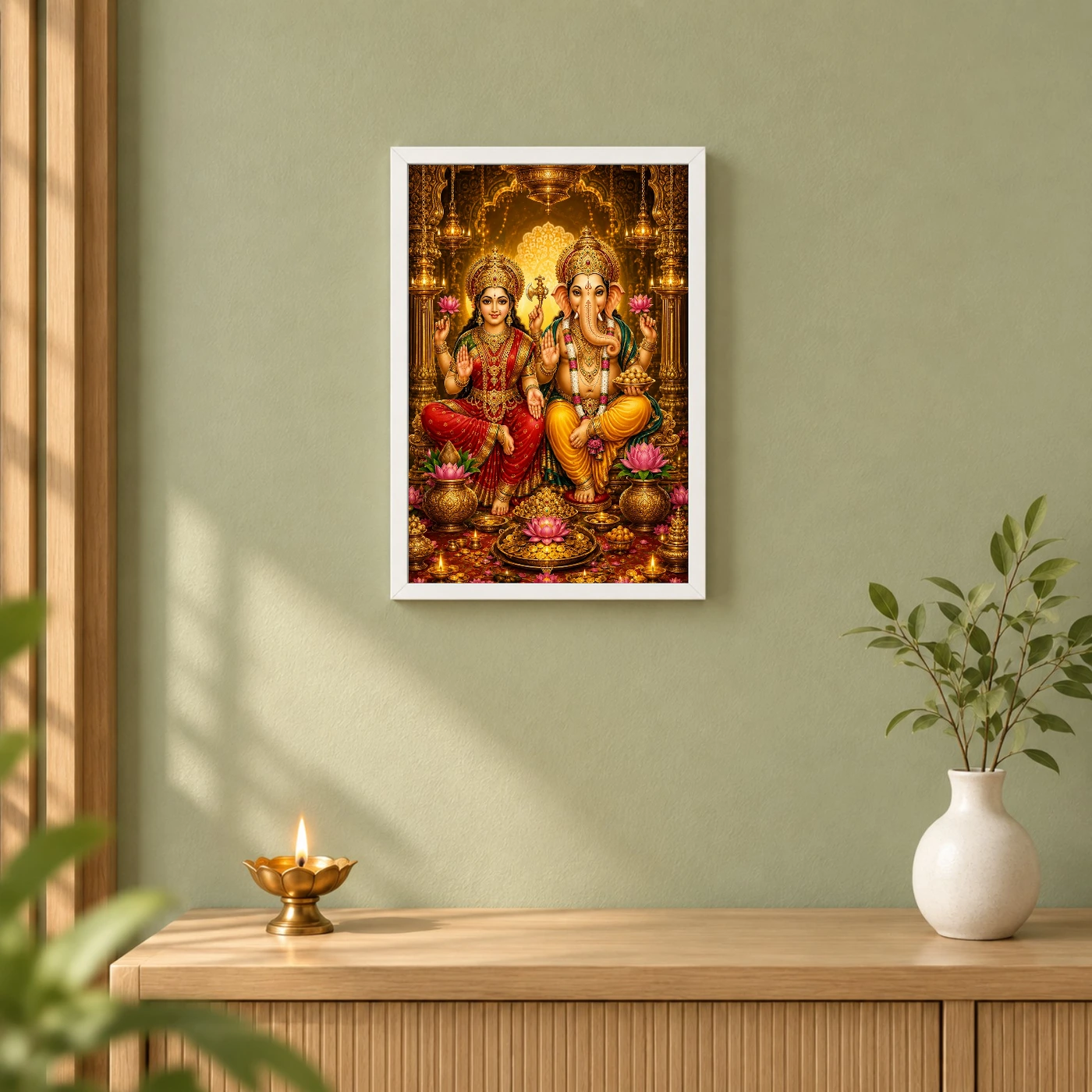 Lakshmi Ganesha Ornate Golden Temple Darshan Photo Frame, view 6