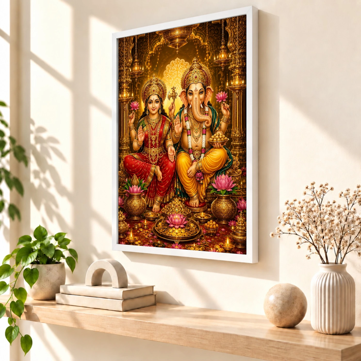 Lakshmi Ganesha Ornate Golden Temple Darshan Photo Frame, view 7