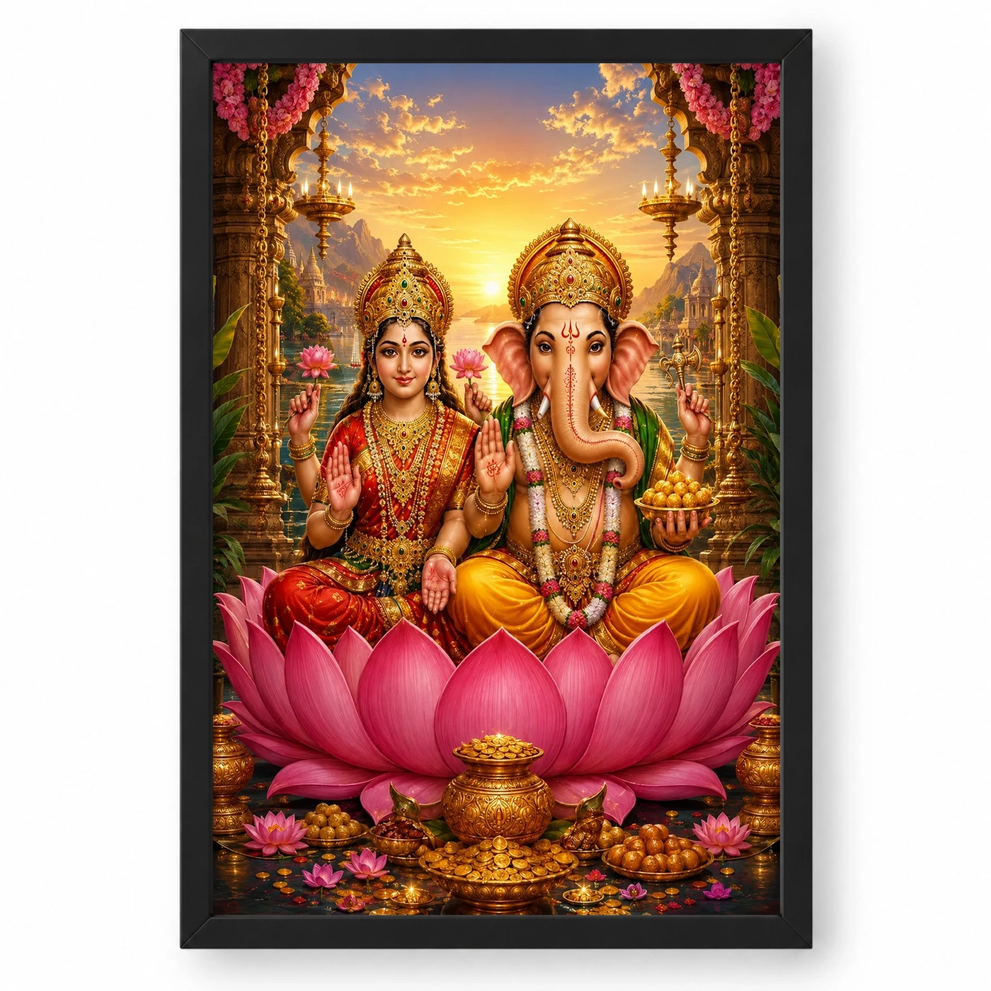 Lakshmi Ganesha Serene Sunrise Blessing Photo Frame