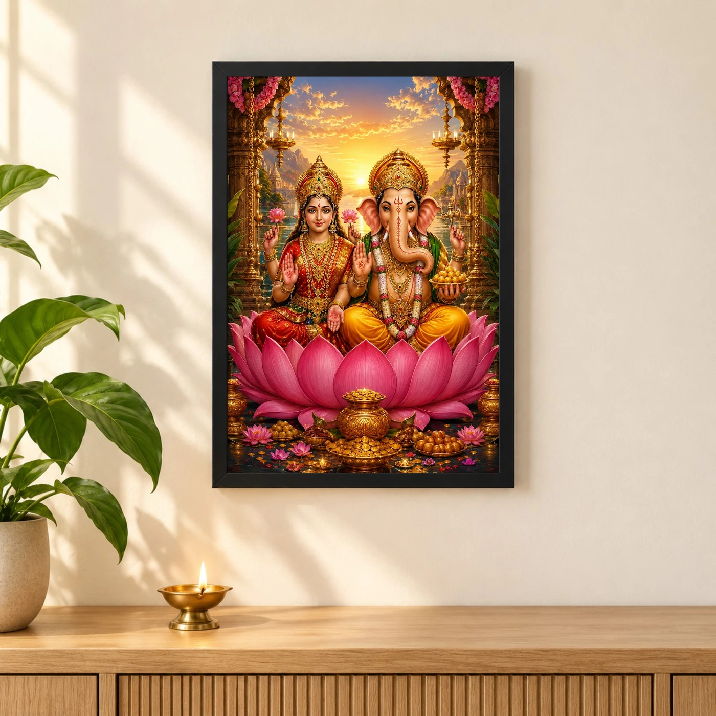 Lakshmi Ganesha Serene Sunrise Blessing Photo Frame, view 3