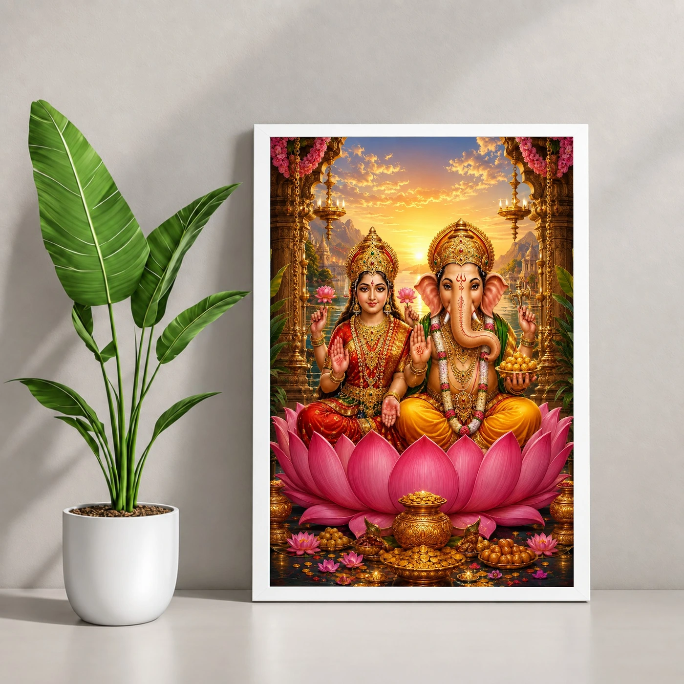 Lakshmi Ganesha Serene Sunrise Blessing Photo Frame, view 4