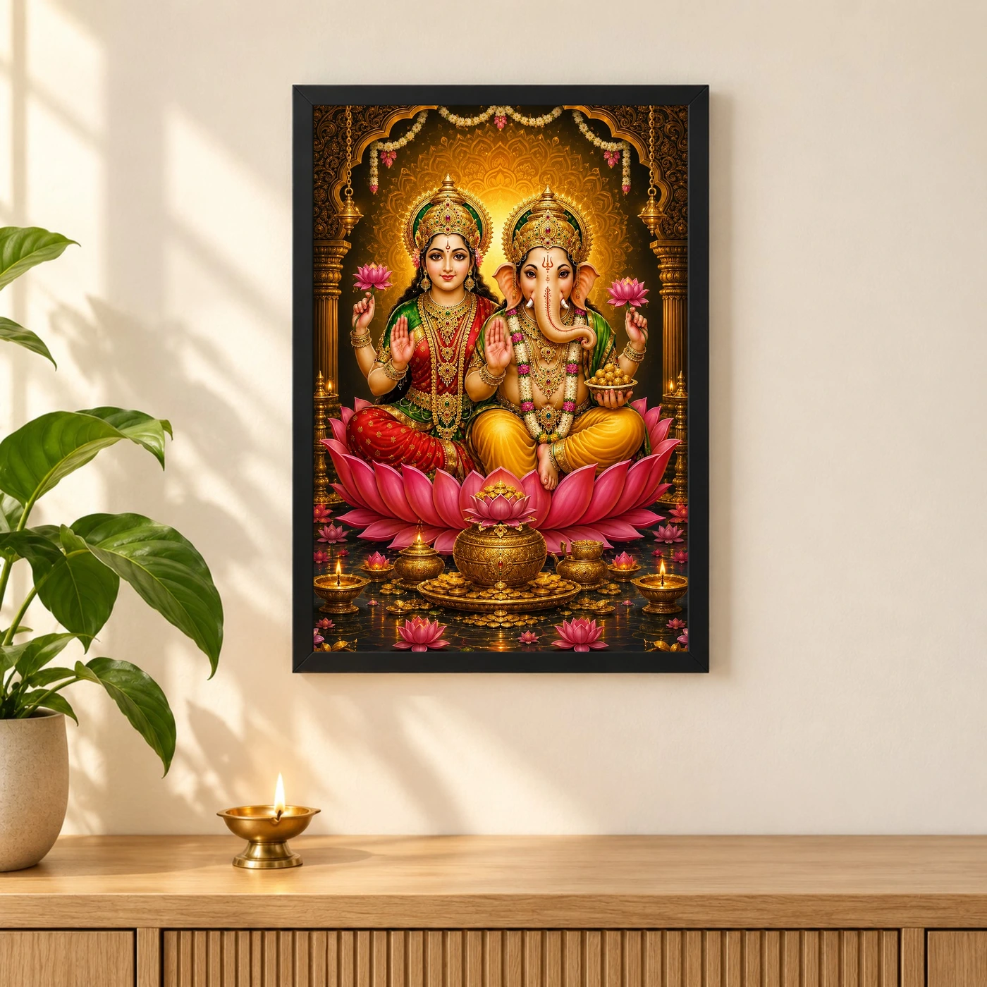 Lakshmi Ganesha Vivid Premium Spiritual Poster Art Photo Frame, view 3
