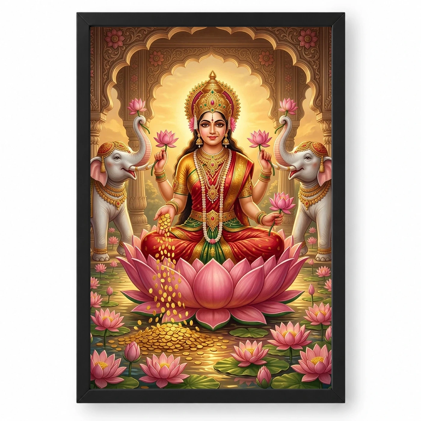 Lakshmi Gold Coins Prosperity Elephants Divine Abundance Art Photo Frame