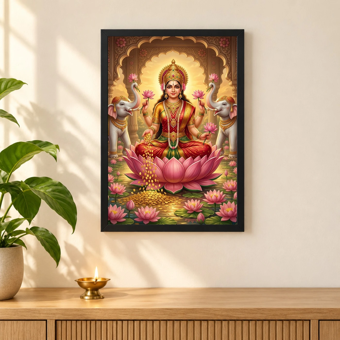 Lakshmi Gold Coins Prosperity Elephants Divine Abundance Art Photo Frame, view 3