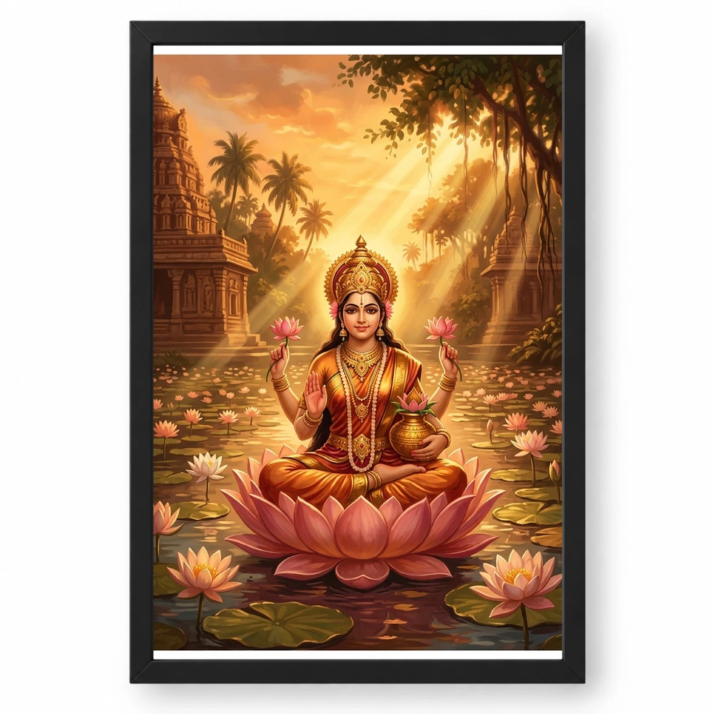Lakshmi Golden Hour Lotus Pond Orange Gold Divine Art Photo Frame