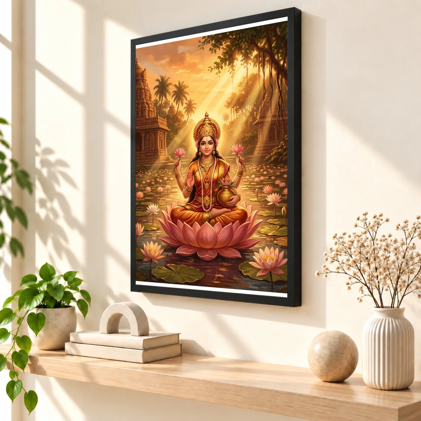 Lakshmi Golden Hour Lotus Pond Orange Gold Divine Art Photo Frame, view 2