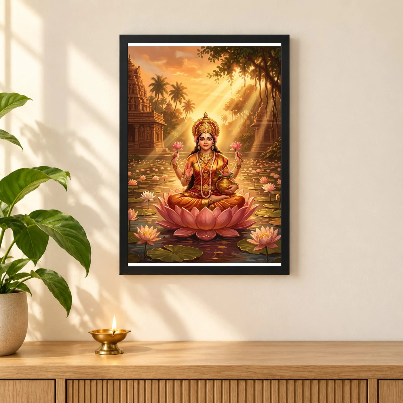 Lakshmi Golden Hour Lotus Pond Orange Gold Divine Art Photo Frame, view 3