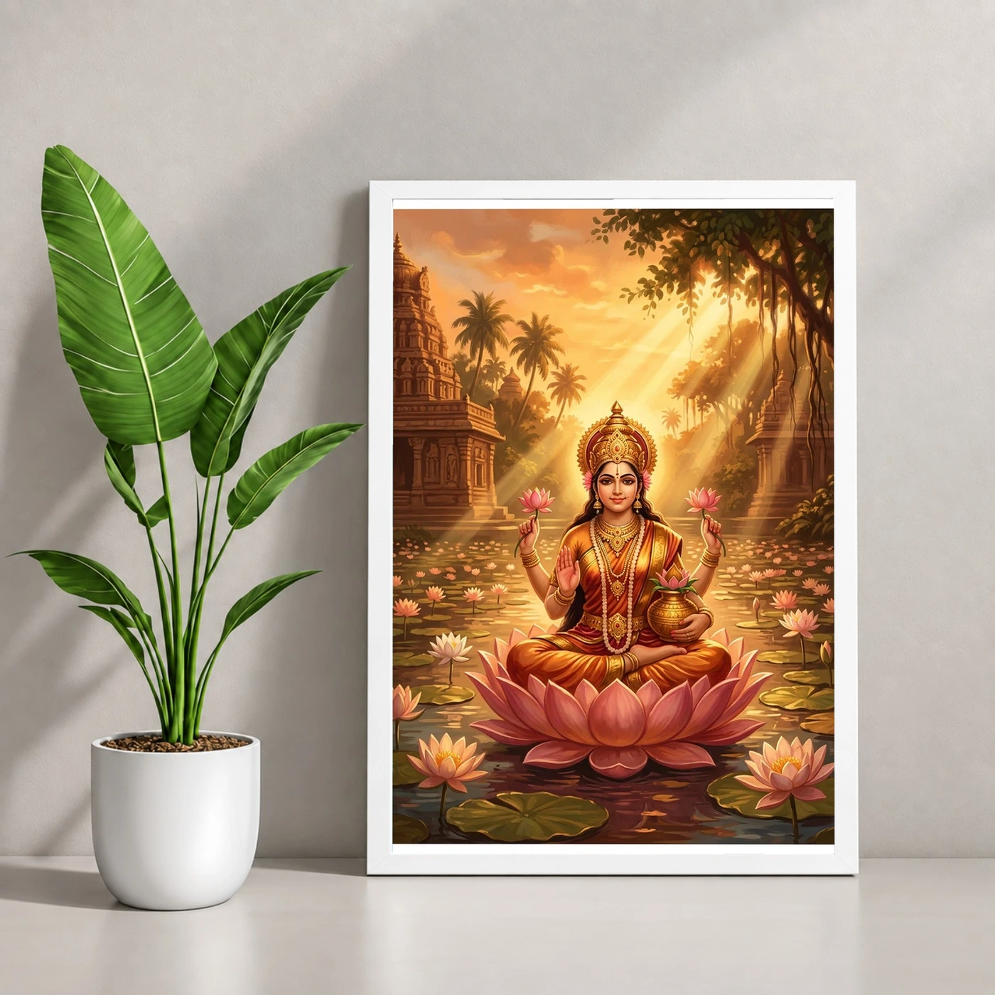 Lakshmi Golden Hour Lotus Pond Orange Gold Divine Art Photo Frame, view 4