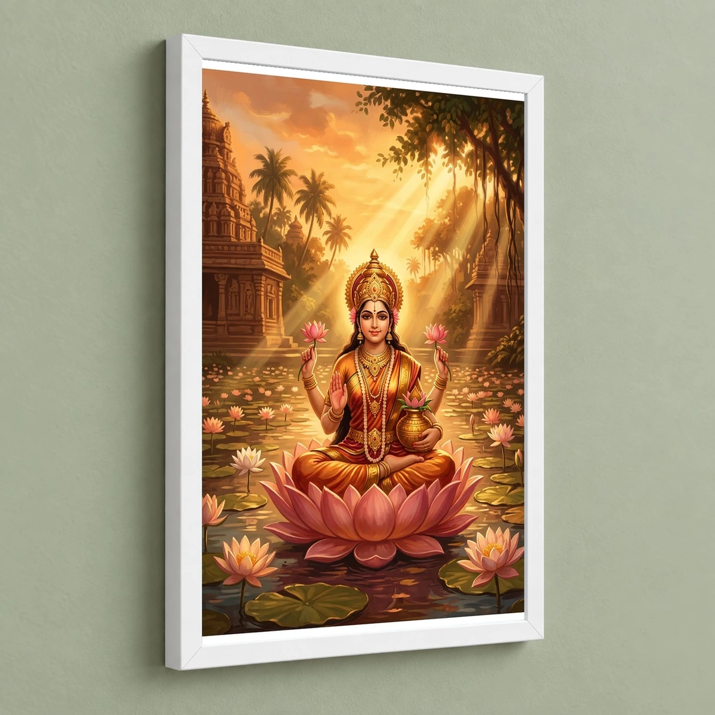 Lakshmi Golden Hour Lotus Pond Orange Gold Divine Art Photo Frame, view 5