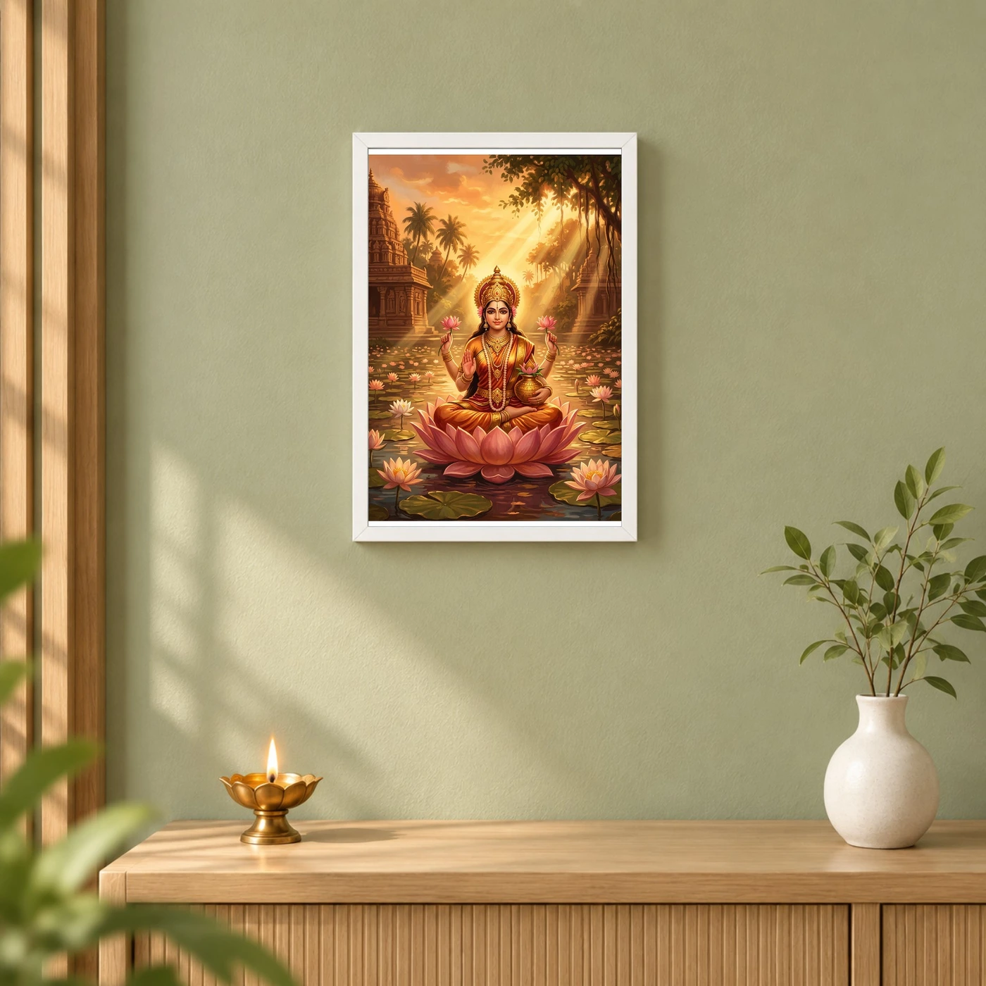 Lakshmi Golden Hour Lotus Pond Orange Gold Divine Art Photo Frame, view 6