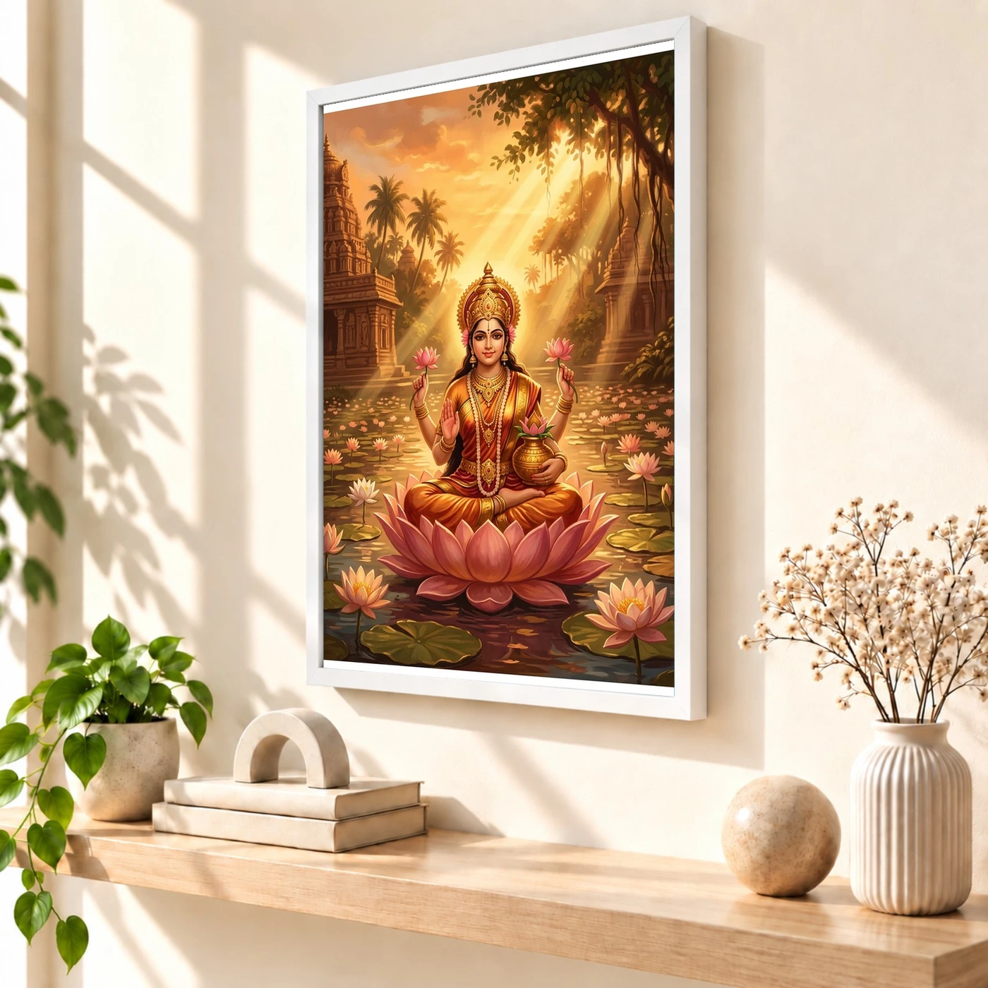 Lakshmi Golden Hour Lotus Pond Orange Gold Divine Art Photo Frame, view 7