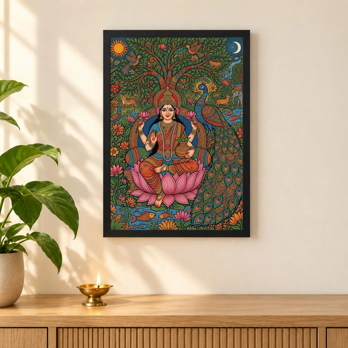 Lakshmi Gond Tribal Peacock Nature Vibrant Colorful Art Photo Frame, view 3