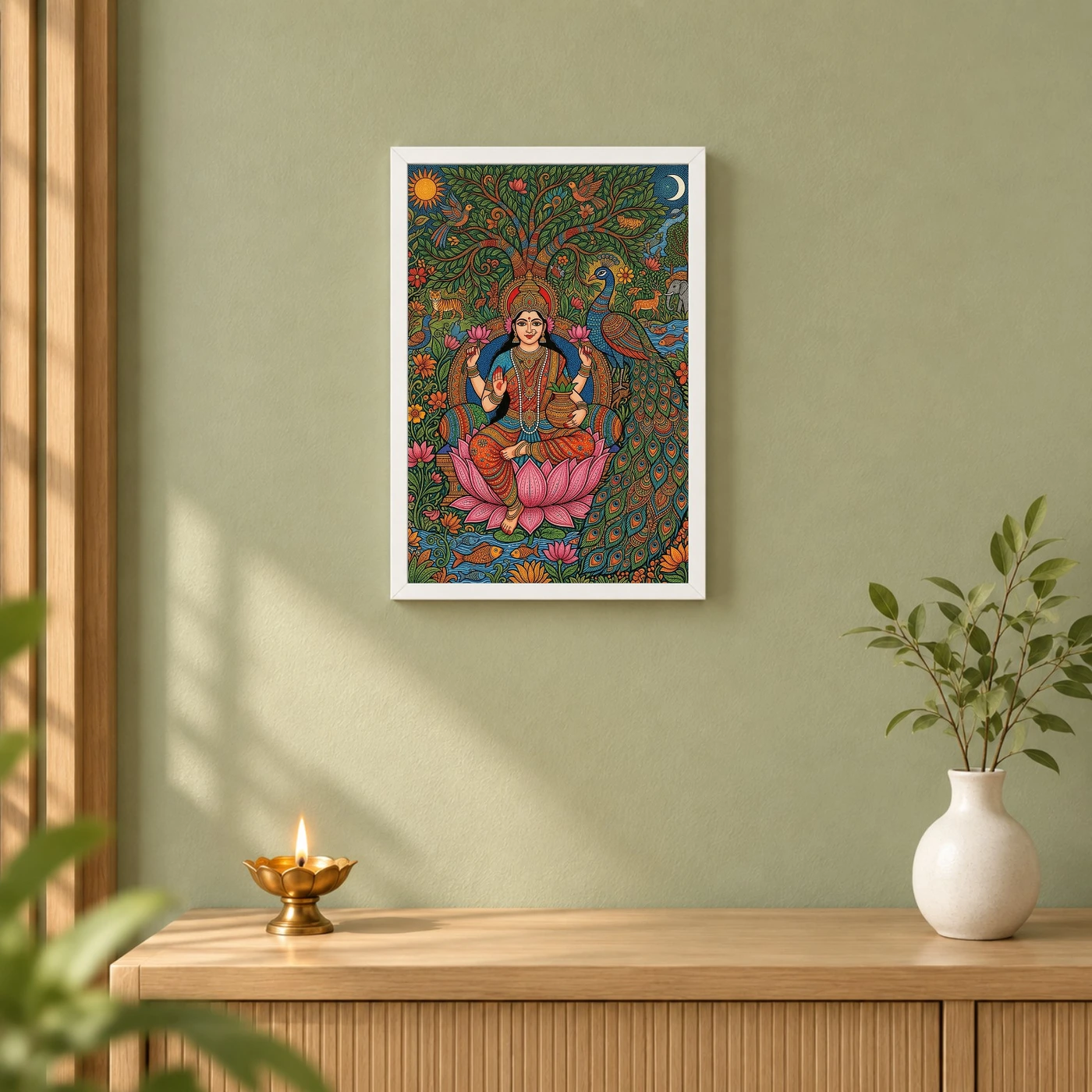 Lakshmi Gond Tribal Peacock Nature Vibrant Colorful Art Photo Frame, view 6