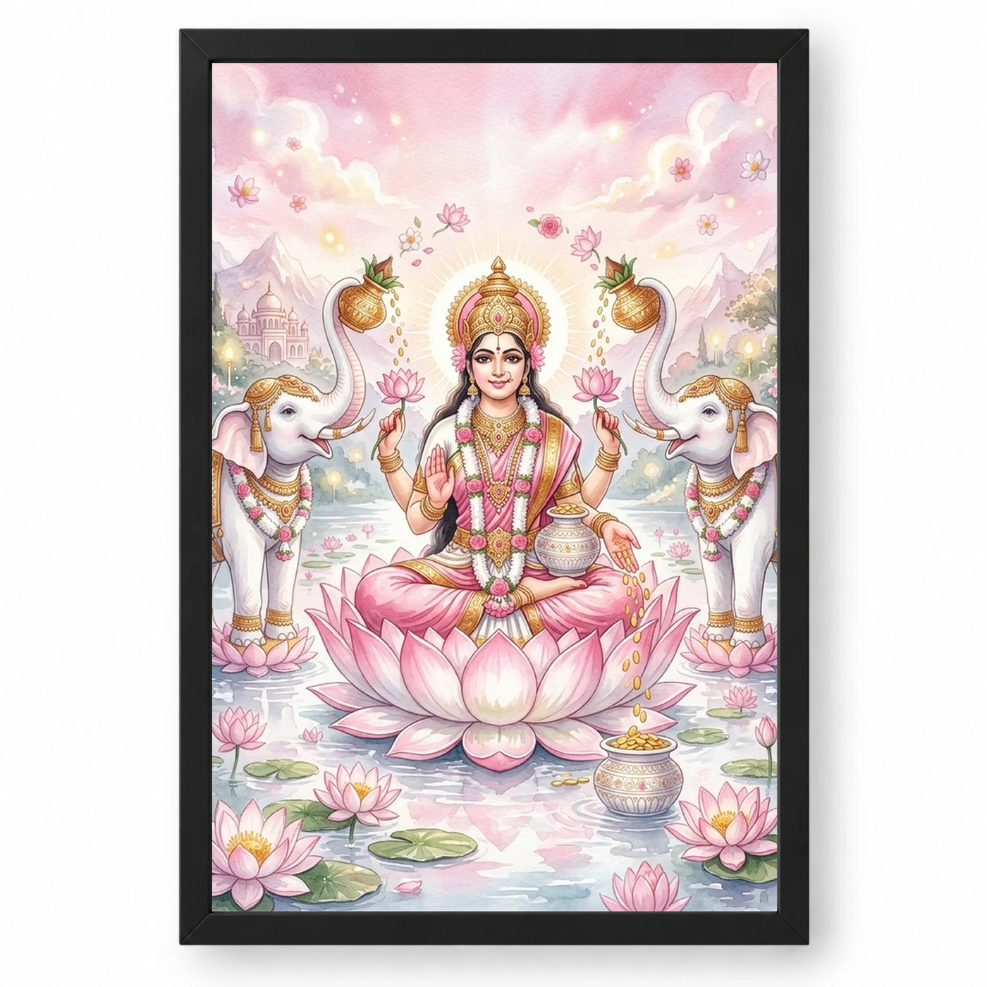 Lakshmi Lotus White Elephants Watercolor Serene Divine Art Photo Frame