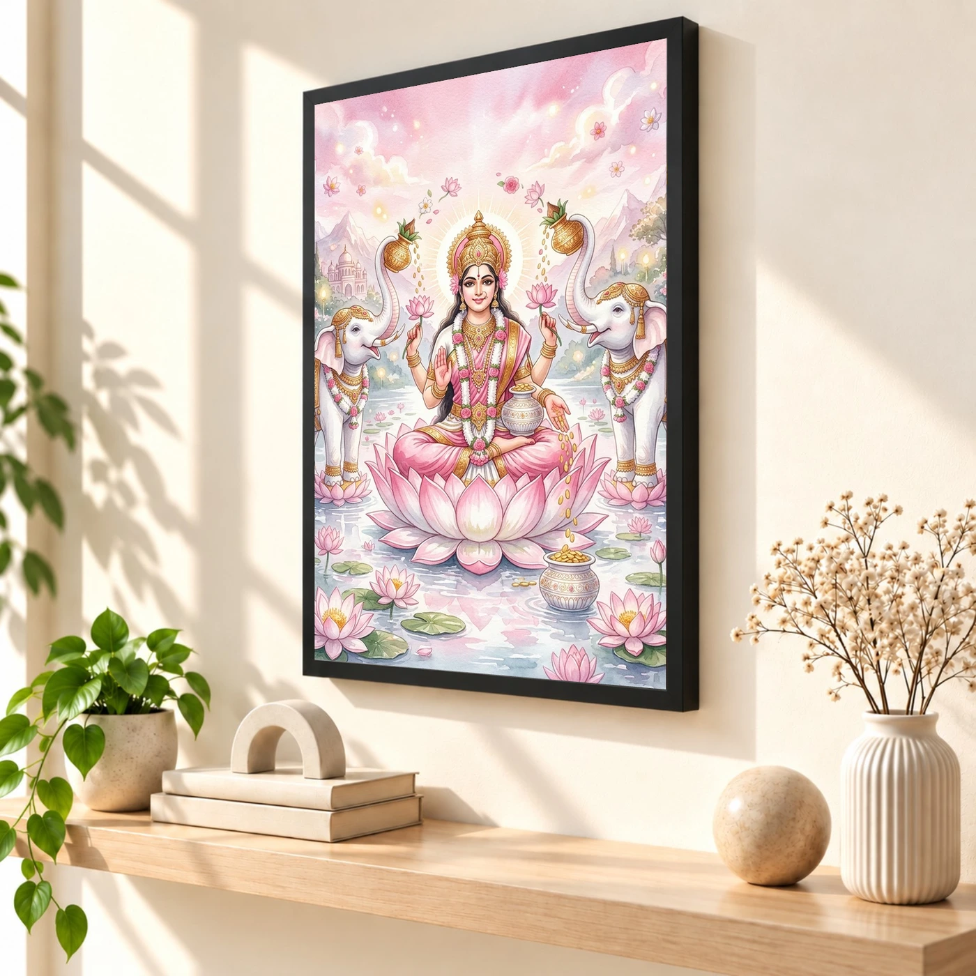 Lakshmi Lotus White Elephants Watercolor Serene Divine Art Photo Frame, view 2