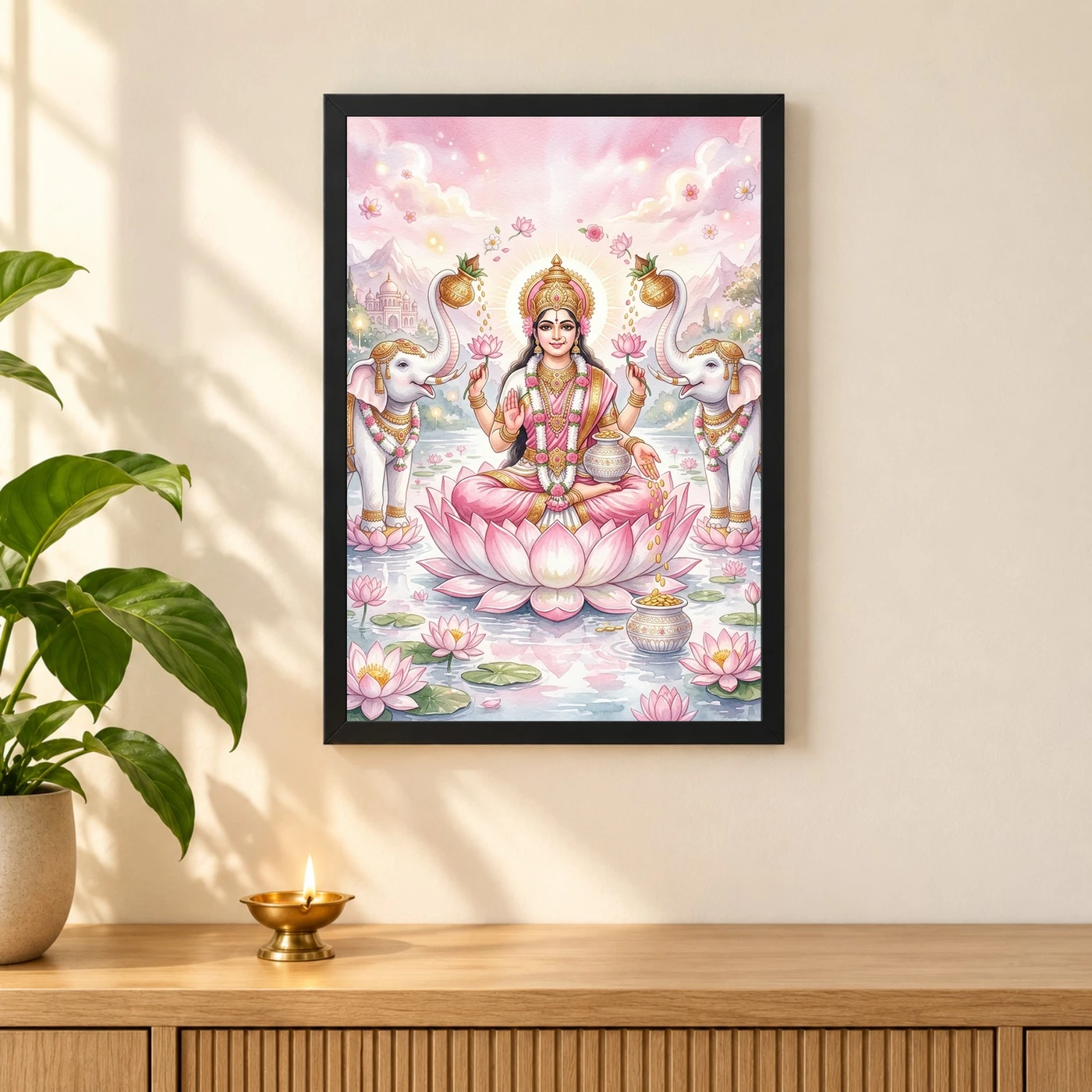Lakshmi Lotus White Elephants Watercolor Serene Divine Art Photo Frame, view 3