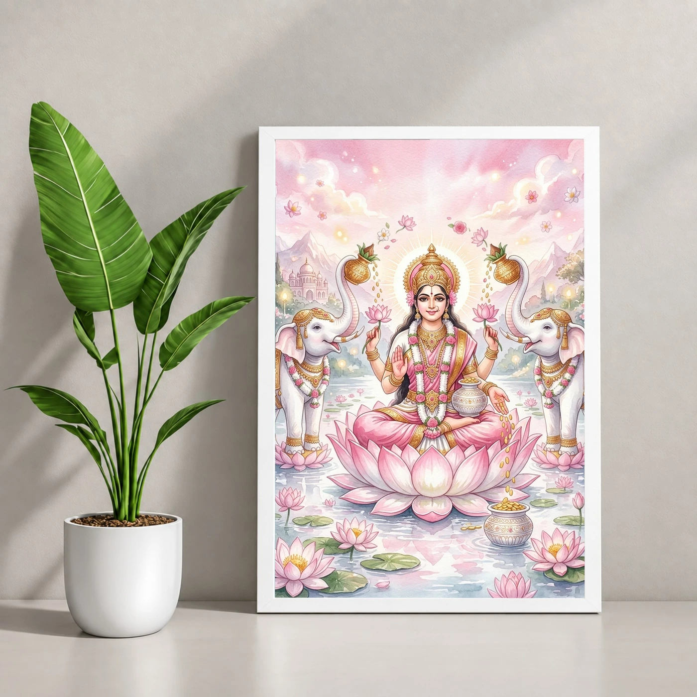 Lakshmi Lotus White Elephants Watercolor Serene Divine Art Photo Frame, view 4