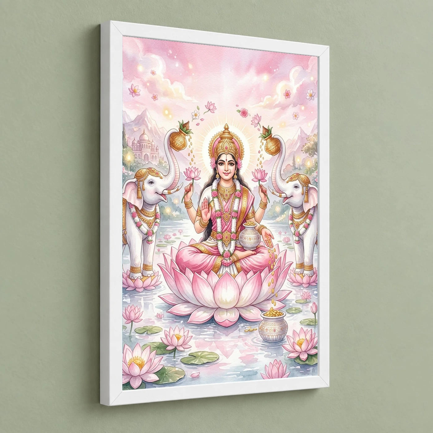 Lakshmi Lotus White Elephants Watercolor Serene Divine Art Photo Frame, view 5
