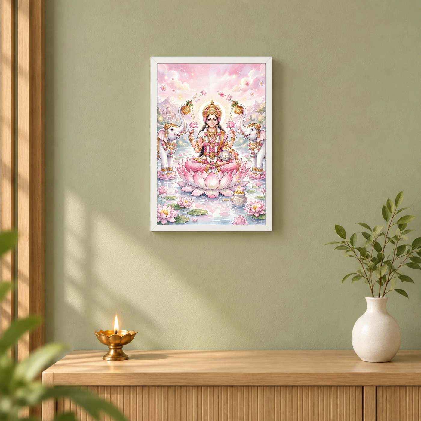 Lakshmi Lotus White Elephants Watercolor Serene Divine Art Photo Frame, view 6