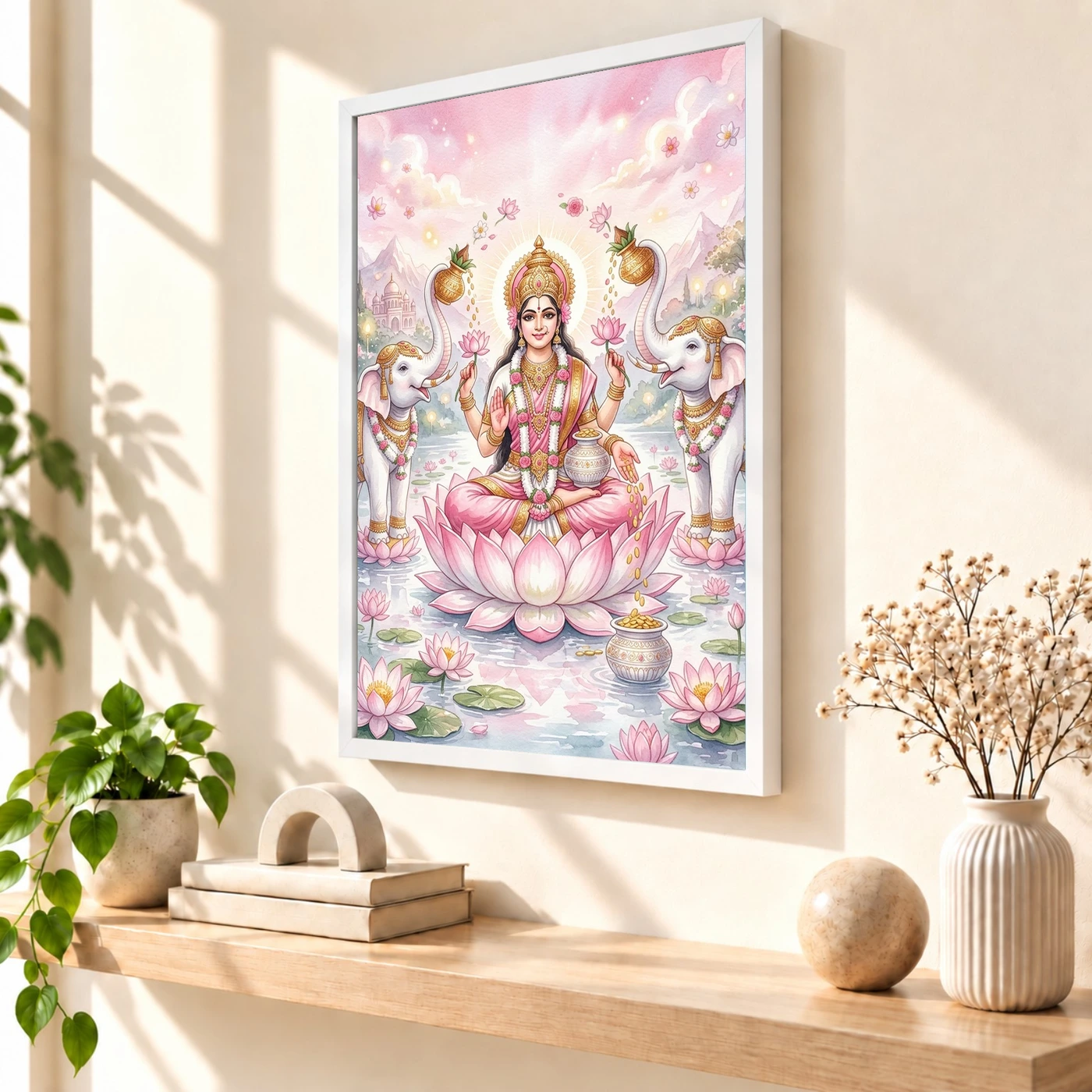Lakshmi Lotus White Elephants Watercolor Serene Divine Art Photo Frame, view 7