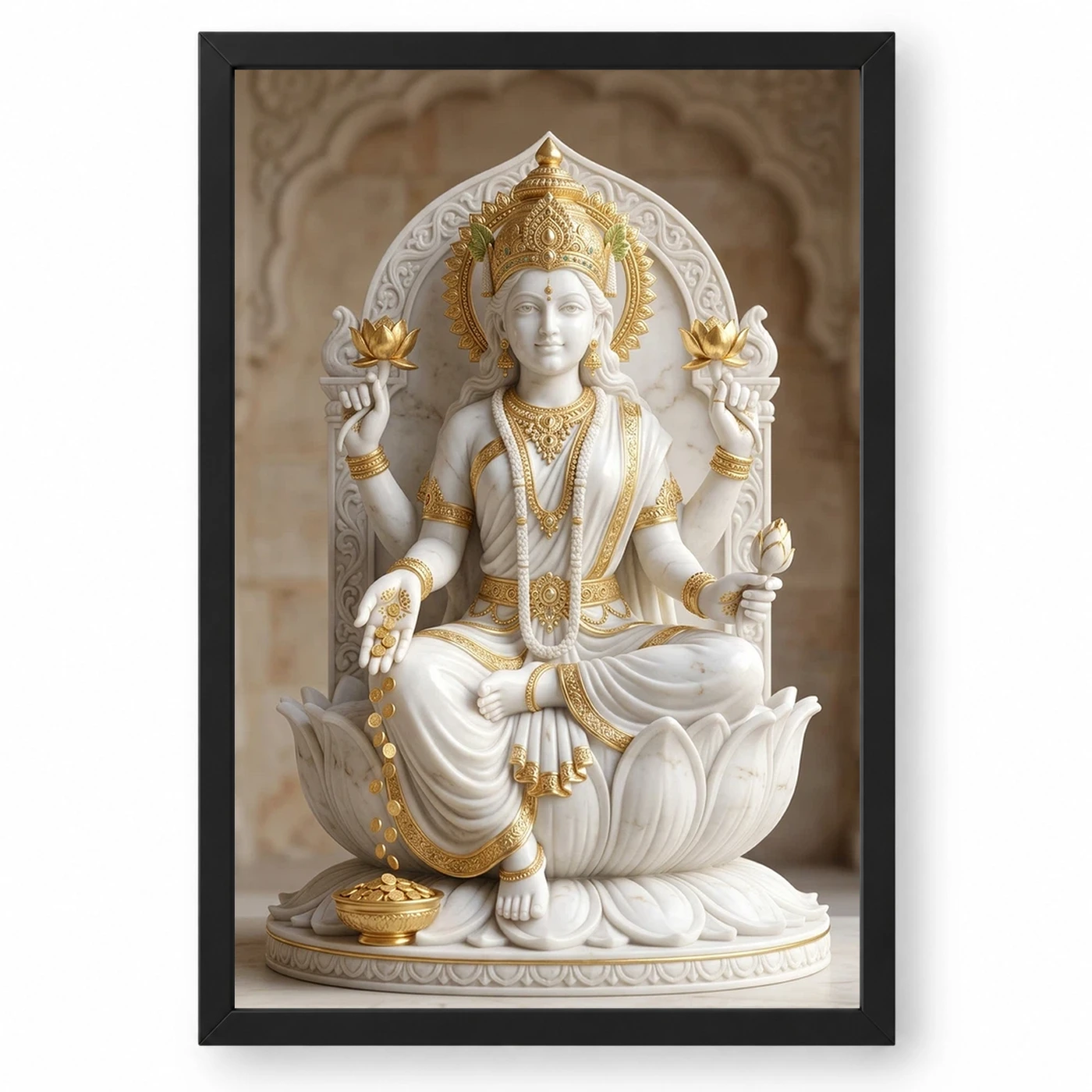 Lakshmi Marble Sculpture White Gold Divine Classical Art Photo Frame