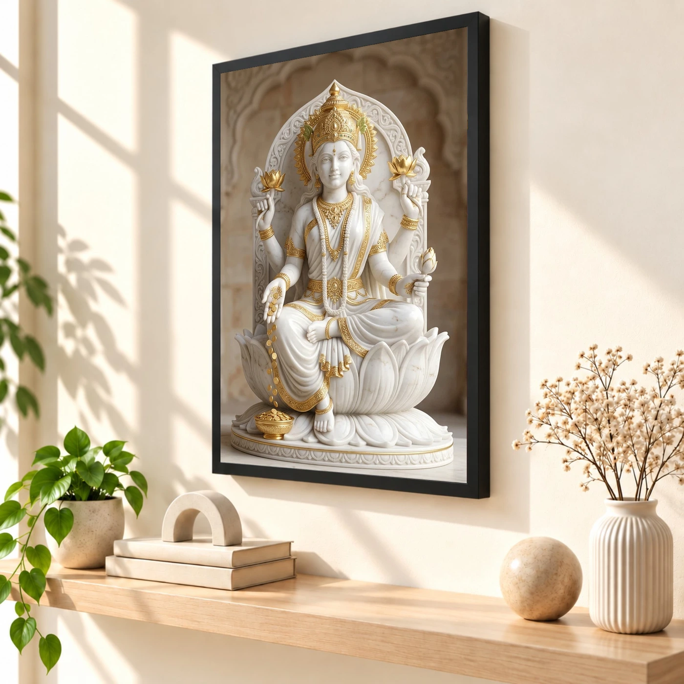 Lakshmi Marble Sculpture White Gold Divine Classical Art Photo Frame, view 2