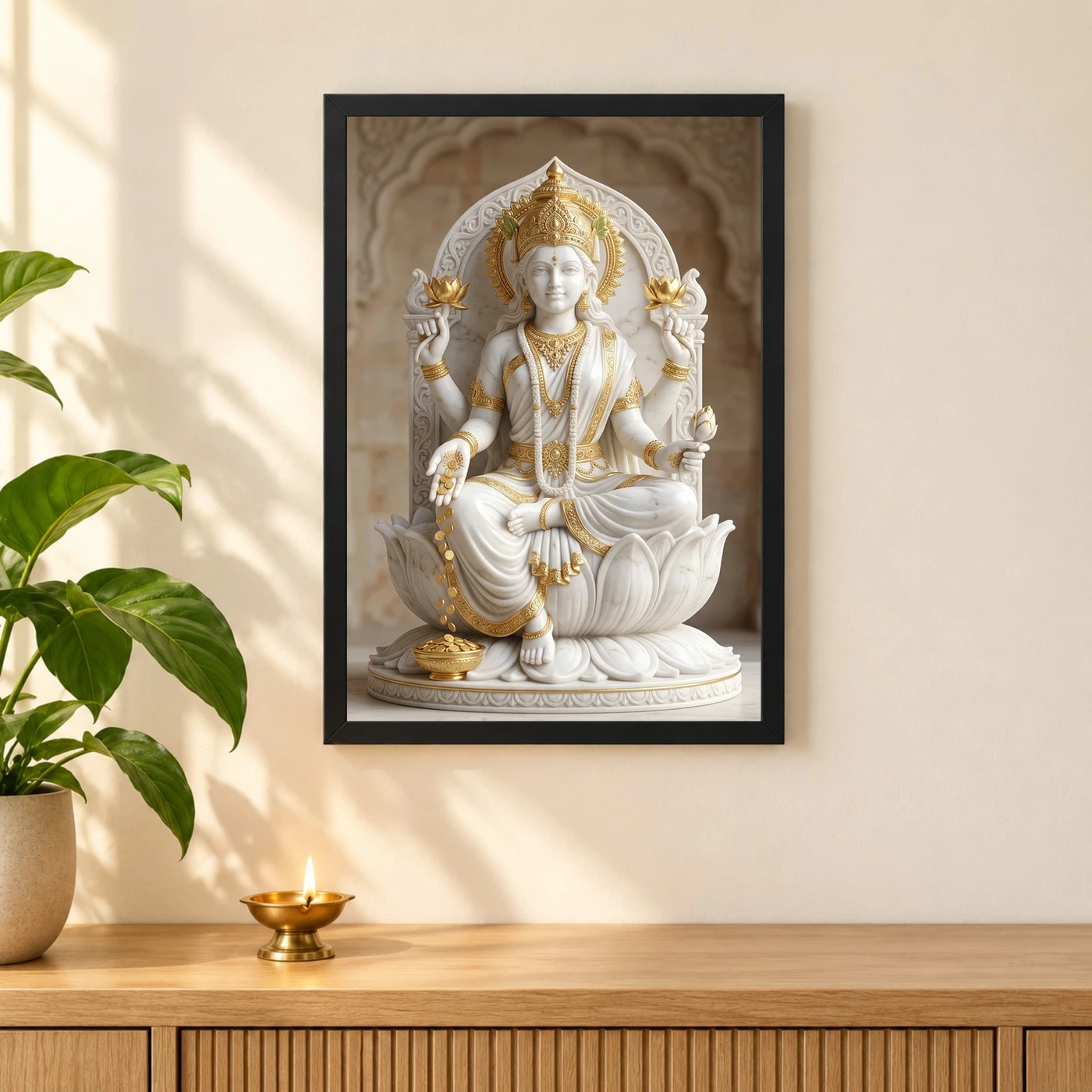 Lakshmi Marble Sculpture White Gold Divine Classical Art Photo Frame, view 3