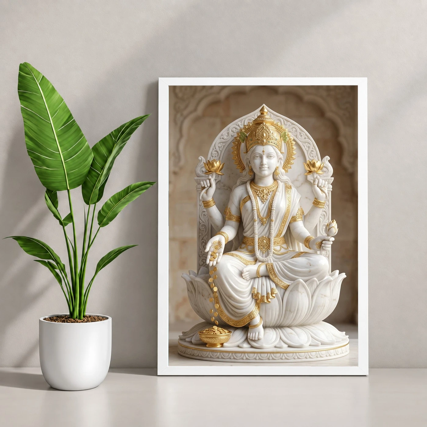 Lakshmi Marble Sculpture White Gold Divine Classical Art Photo Frame, view 4