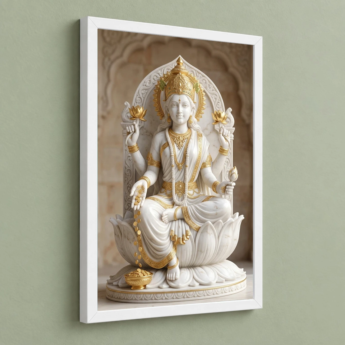 Lakshmi Marble Sculpture White Gold Divine Classical Art Photo Frame, view 5