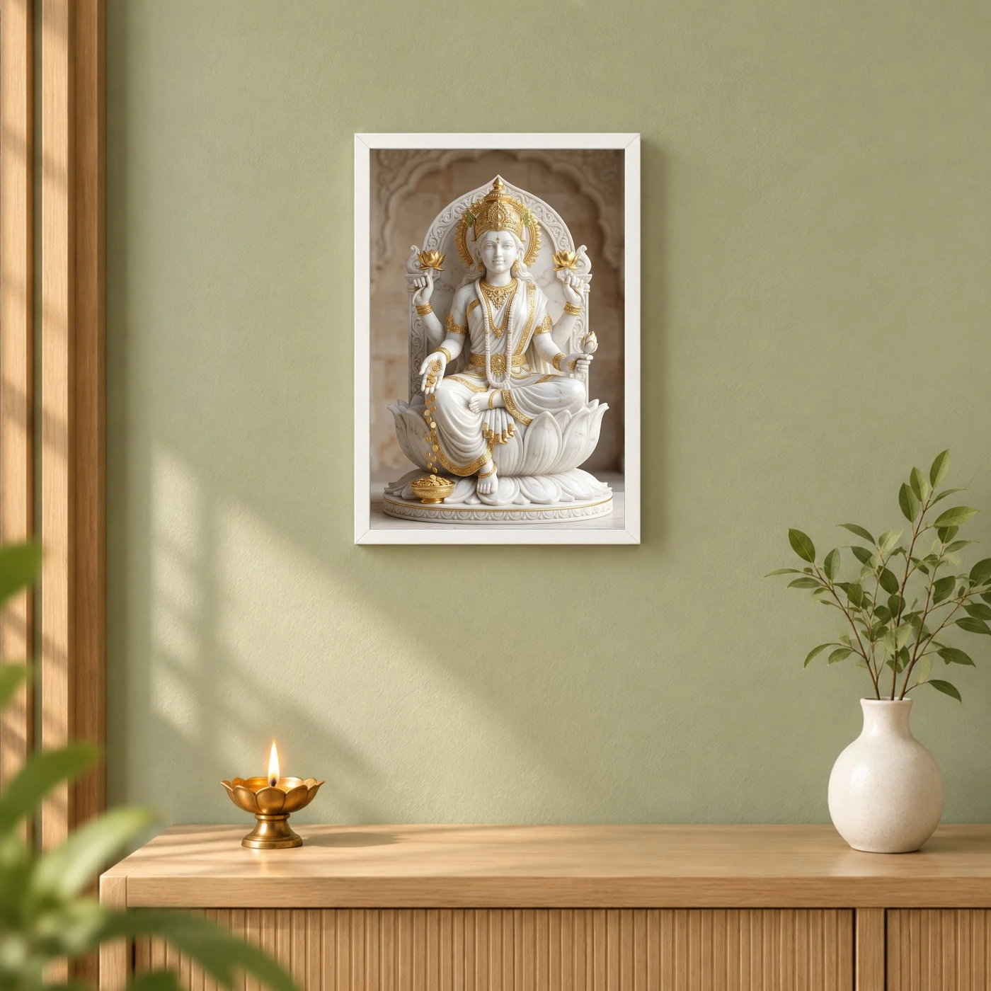 Lakshmi Marble Sculpture White Gold Divine Classical Art Photo Frame, view 6