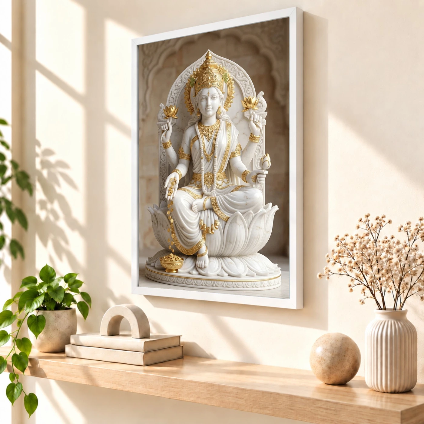 Lakshmi Marble Sculpture White Gold Divine Classical Art Photo Frame, view 7