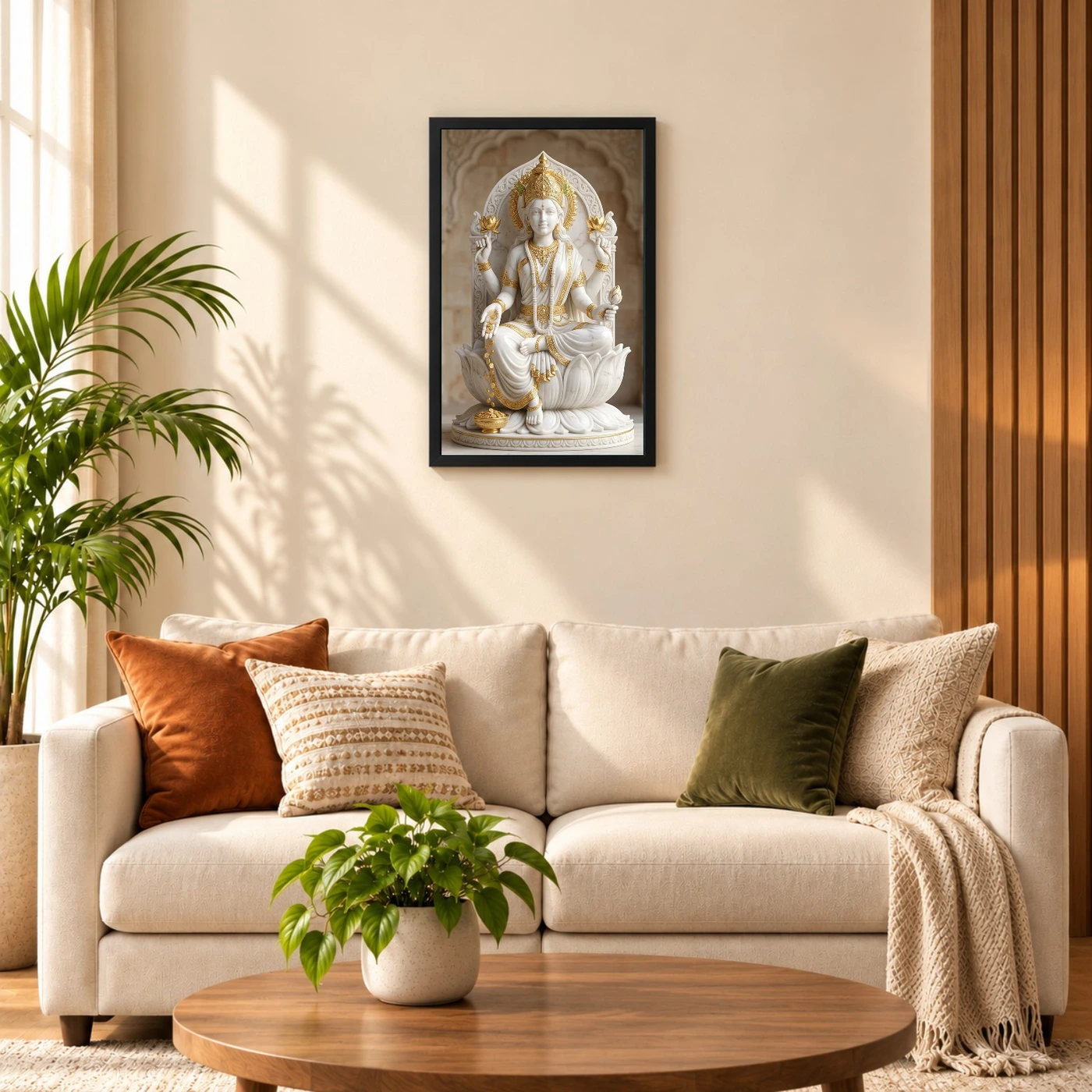Lakshmi Marble Sculpture White Gold Divine Classical Art Photo Frame, view 8