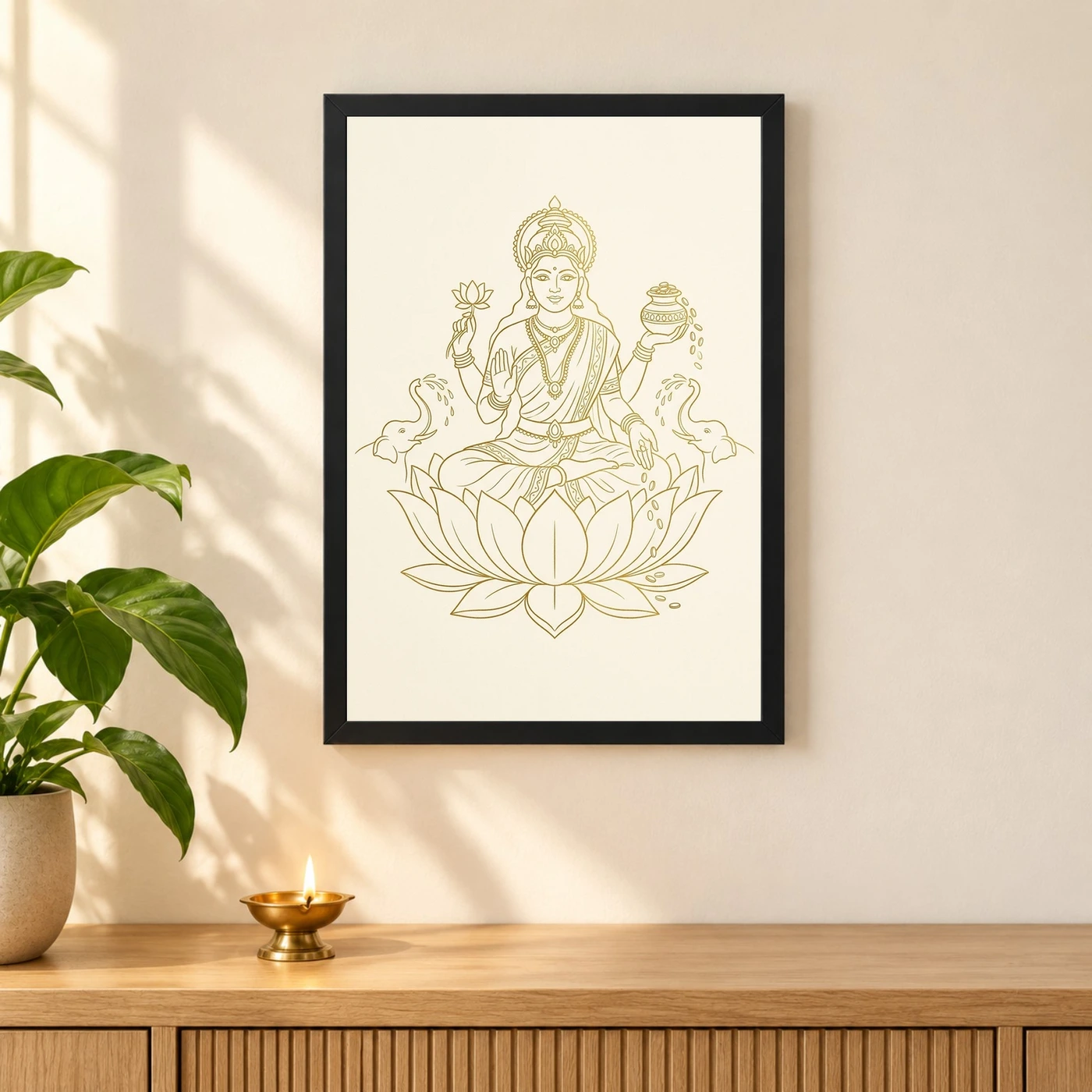 Lakshmi Minimalist Line Art Gold Cream Luxury Modern Art Photo Frame, view 3