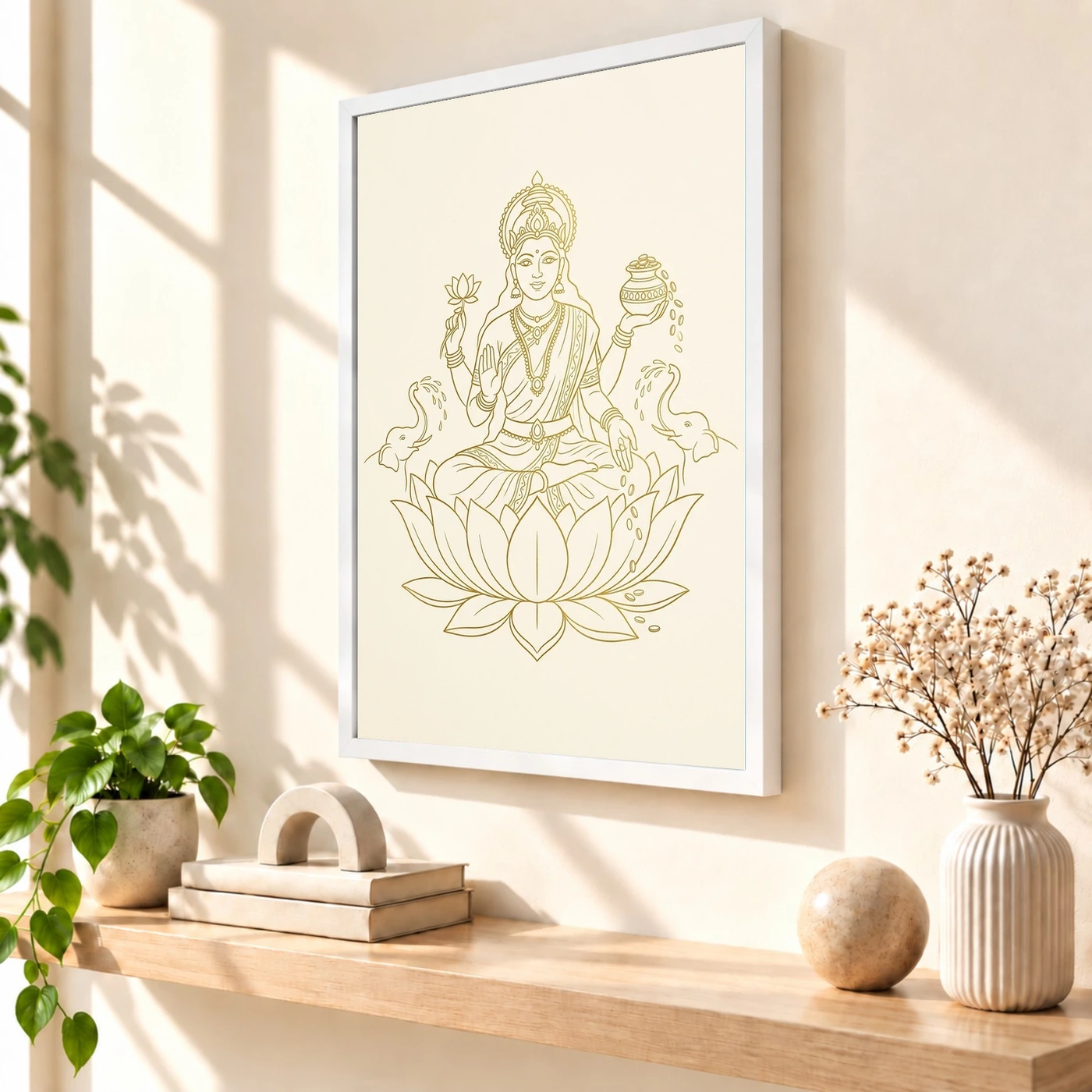 Lakshmi Minimalist Line Art Gold Cream Luxury Modern Art Photo Frame, view 7